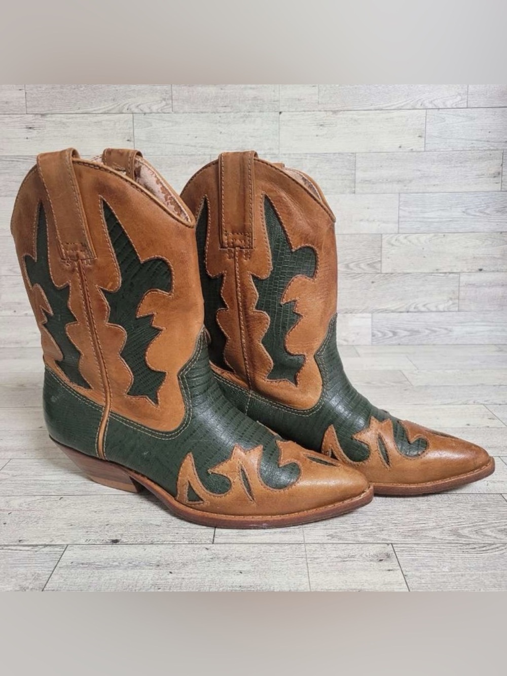 Women’s Circle S Western Brown Green Leather Wingtip Inlay Cowboy Boots Size 6